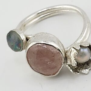 ROSE QUARTZ, LABRADORITE & FLOWER PEARL RUNG HANDMADE IN STERLING SILVER SZ 5